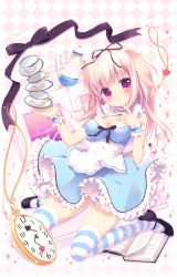 Rule 34 | 1girl, alice in wonderland, book, borrowed character, breasts, checkered background, cleavage, clock, cup, female focus, heart, highres, jewelry, looking at viewer, maid, miyasaka naco, necklace, open book, original, ribbon, solo, striped clothes, striped thighhighs, teacup, thighhighs