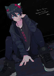 Rule 34 | 1boy, absurdres, animal ears, aqua eyes, black hair, black jacket, cat boy, cat ears, commentary, commission, english commentary, english text, gurukousu, highres, jacket, jewelry, male focus, necklace, original, second-party source, shoes, sitting, skeb commission, sneakers, solo
