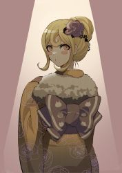 Rule 34 | 1girl, alternate hairstyle, bad id, bad pixiv id, blonde hair, blush stickers, bow, brown bow, danganronpa (series), danganronpa 2: goodbye despair, flower, from behind, fur trim, grey background, hair flower, hair ornament, highres, in a, japanese clothes, kimono, large bow, long sleeves, looking back, orange eyes, orange kimono, red flower, saionji hiyoko, short hair, solo, two-tone background, white background, wide sleeves