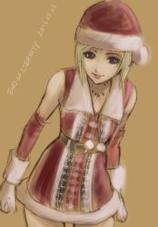 Rule 34 | 1girl, belt, blonde hair, blue eyes, christmas, closed mouth, dated, dress, end of eternity, gloves, haruyama kazunori, hat, jewelry, looking at viewer, medium hair, reanbell, santa hat, simple background, skirt, smile, solo, white gloves
