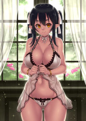 Rule 34 | 1girl, babydoll, bare shoulders, black hair, blush, bow, bow panties, bracelet, breasts, cameltoe, choker, cleavage, collarbone, curtains, elf (houtengeki), hair ribbon, houtengeki, jewelry, large breasts, lingerie, long hair, looking at viewer, navel, original, panties, pointy ears, ribbon, smile, solo, stomach, twintails, underwear, underwear only, white panties, window, yellow eyes