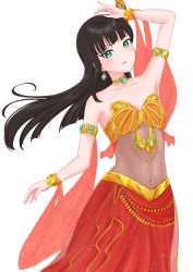 Rule 34 | 1girl, absurdres, aqua eyes, arabian clothes, artist name, artist request, black hair, blunt bangs, breasts, choker, cleavage, dancer, earrings, female focus, floating hair, gold bracelet, gold trim, green eyes, highres, hime cut, jewelry, kurosawa dia, long hair, looking at viewer, love live!, love live! sunshine!!, miniskirt, mole, mole under mouth, plaid, plaid skirt, pleated, pleated skirt, red skirt, skirt, small breasts, solo, white background, yellow choker