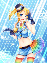 Rule 34 | 10s, 1girl, ;d, ayase eli, bare shoulders, belt, blonde hair, blue eyes, blush, gloves, grandia bing, hat, long hair, love live!, love live! school idol festival, love live! school idol project, midriff, mini hat, mini top hat, multicolored clothes, multicolored legwear, navel, one eye closed, open mouth, ponytail, skirt, smile, solo, thighhighs, third-party source, top hat, wink