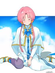 Rule 34 | 1girl, andanden, aria (manga), aria company uniform, blue bow, blue bowtie, blue footwear, blue sky, blush, bow, bowtie, capelet, closed mouth, cloud, cloudy sky, dress, full body, gloves, gold trim, hair tubes, highres, long dress, mizunashi akari, on ground, pantyhose, parted bangs, pink hair, purple pantyhose, short hair with long locks, side slit, signature, single glove, sitting, sky, smile, solo, wariza, white capelet, white dress, white gloves
