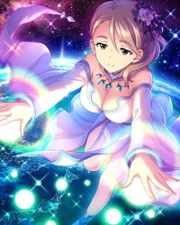 Rule 34 | 10s, 1girl, alternate hairstyle, ankle boots, artist request, bare shoulders, boots, breasts, cleavage, collarbone, detached sleeves, earth (planet), galaxy, green eyes, hair ornament, idolmaster, idolmaster cinderella girls, jewelry, necklace, official art, outstretched arms, serious, solo, space, star (sky), yanagi kiyora