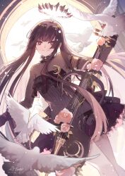 Rule 34 | 1girl, alternate costume, arknights, bird, black dress, black eyes, black hair, bright pupils, commentary request, dress, feet out of frame, halo, highres, holding, holding instrument, instrument, long hair, looking at viewer, puyue, smile, solo, standing, very long hair, virtuosa (arknights)