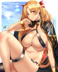 Rule 34 | 1girl, alternate breast size, black cape, breasts, bridal garter, cape, commentary request, earrings, ereshkigal (fate), fate/grand order, fate (series), highres, jewelry, kisaragi tsurugi, large breasts, long hair, looking at viewer, navel, o-ring, o-ring bottom, red eyes, revealing clothes, signature, sitting, smile, solo, sweat, two side up
