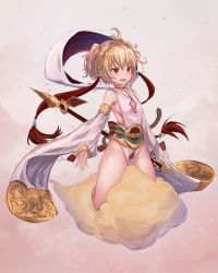 Rule 34 | 10s, 1girl, andira (granblue fantasy), animal ears, bad id, bad pixiv id, bare shoulders, barefoot, blonde hair, blush, breasts, cloud, detached sleeves, erune, fang, flying nimbus, granblue fantasy, hair ornament, monkey ears, monkey girl, monkey tail, open mouth, red eyes, rorona s., short hair, sideboob, small breasts, solo, staff, straddling, sweatdrop, tail, thighs
