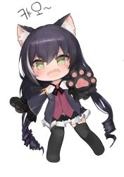 Rule 34 | 1girl, animal ear fluff, animal ears, animal hands, bad id, bad pixiv id, bare shoulders, black gloves, black hair, black sleeves, black thighhighs, blush, cat ears, chibi, commentary request, detached sleeves, diamond-shaped pupils, diamond (shape), dokomon, fang, full body, garter straps, gloves, green eyes, hair between eyes, highres, karyl (princess connect!), korean commentary, korean text, long hair, long sleeves, looking at viewer, low twintails, open mouth, paw gloves, princess connect!, purple skirt, ringlets, shirt, simple background, skirt, sleeveless, sleeveless shirt, solo, symbol-shaped pupils, thighhighs, translation request, twintails, very long hair, white background, white shirt, wide sleeves