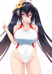 Rule 34 | 1girl, ahoge, arm behind back, azur lane, black hair, blush, breasts, collarbone, commentary request, covered navel, crossed bangs, gluteal fold, hair between eyes, hair ribbon, hand up, highres, kuavera, large breasts, mask, mask on head, multicolored clothes, multicolored swimsuit, one-piece swimsuit, parted lips, red eyes, red one-piece swimsuit, red ribbon, ribbon, signature, simple background, smile, solo, standing, swimsuit, taihou (azur lane), twintails, white background, white one-piece swimsuit