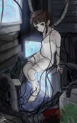 Rule 34 | 1girl, :/, :|, arm support, bags under eyes, brown eyes, brown hair, cable, camisole, closed mouth, collarbone, convenient censoring, entangled, expressionless, flat chest, from above, fukuda awo, hair ornament, head tilt, highres, iwakura lain, liquid, looking at viewer, medium hair, serial experiments lain, signature, single sidelock, sitting, solo, spaghetti strap, static, strap slip, television, white camisole, wire, x hair ornament