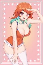 Rule 34 | 1girl, :d, bare shoulders, blush, breasts, choker, cleavage, cowboy shot, fingernails, green choker, green hair, hand up, highres, hololive, hololive english, large breasts, leaning back, leotard, looking at viewer, multicolored hair, nail polish, open mouth, orange hair, orange leotard, pink background, pink nails, purple eyes, shellvi, smile, solo, takanashi kiara, thighhighs, two-tone hair, virtual youtuber, white thighhighs