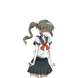 Rule 34 | 1girl, angry, black skirt, closed mouth, hair ribbon, heroine (lost ruins), long hair, lost ruins, no eyes, non-web source, ponytail, red ribbon, ribbon, school uniform, simple background, skirt, solo, white background