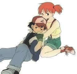 Rule 34 | 1boy, 1girl, artist request, ash ketchum, bad id, bad pixiv id, black hair, child, couple, creatures (company), denim, fingerless gloves, game freak, gloves, hat, holding, jacket, lowres, misty (pokemon), nintendo, orange hair, pokemon, pokemon (anime), pokemon (classic anime), shoes, shorts, side ponytail, simple background, sketch, sneakers, suspenders, white background