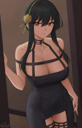 Rule 34 | 1girl, absurdres, bare shoulders, black dress, black gloves, black hair, black thighhighs, breasts, cleavage, dress, fingerless gloves, flower, gloves, gold hairband, hair flower, hair ornament, hairband, highres, large breasts, long hair, looking at viewer, red eyes, rose, sidelocks, solo, spy x family, thighhighs, thighs, yor briar, zaphn
