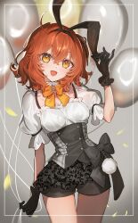 Rule 34 | 1girl, animal ears, balloon, black gloves, black shorts, bow, bowtie, commentary request, corset, cowboy shot, fake animal ears, fate/grand order, fate (series), frilled gloves, frills, fujimaru ritsuka (female), galibo, gloves, hair between eyes, head tilt, highres, looking at viewer, medium hair, open mouth, orange bow, orange bowtie, orange eyes, orange hair, puffy short sleeves, puffy sleeves, rabbit ears, shirt, short sleeves, shorts, solo, thigh gap, white shirt