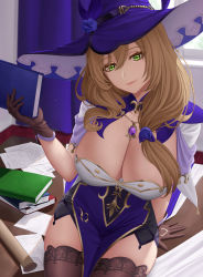 Rule 34 | 1girl, arm behind back, book, book stack, breasts, brown gloves, brown hair, brown thighhighs, cleavage, closed mouth, gem, genshin impact, gloves, green eyes, hair between eyes, hat, head tilt, highres, holding, holding book, indoors, large breasts, lisa (genshin impact), long hair, looking at viewer, low-tied long hair, low ponytail, on table, pink lips, purple gemstone, purple hat, sitting, smile, solo, strapless, table, thighhighs, witch hat, zaphn