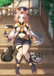 Rule 34 | 1girl, aged up, animal, animal ear fluff, animal ears, artist name, bangs pinned back, belt, belt pouch, beret, blush, boots, cat, cat ears, cat girl, cat tail, commentary, detached sleeves, diona (genshin impact), english commentary, genshin impact, gloves, green eyes, hat, highres, kinkymation, long sleeves, midriff, navel, pink hair, porch, pouch, short hair, shorts, sitting, sitting on stairs, smile, solo, stairs, tail, thick eyebrows, thigh strap