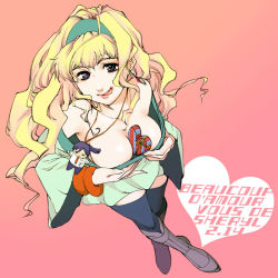 Rule 34 | 00s, 1boy, 1girl, between breasts, blonde hair, blue eyes, blue hair, boots, breasts, cameo, character doll, cleavage, doll, earrings, french text, headband, heart, jewelry, long hair, macross, macross frontier, necklace, ponytail, saotome alto, sheryl nome, short shorts, shorts, thighhighs, tongue