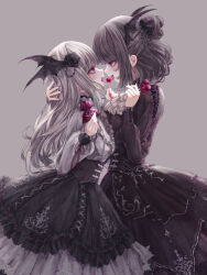 Rule 34 | 2girls, ascot, black flower, black rose, black shirt, black skirt, black wings, blood, blood on tongue, bright pupils, candy, commentary, eye contact, fang, feet out of frame, fingernails, flower, food, frilled skirt, frills, from side, gothic lolita, grey background, grey hair, hair bun, hair flower, hair ornament, half updo, high-waist skirt, highres, holding, holding candy, holding food, holding lollipop, hug, juliet sleeves, licking, lolita fashion, lollipop, long hair, long sleeves, looking at another, medium hair, missile228, multiple girls, open mouth, original, profile, puffy long sleeves, puffy sleeves, red eyes, red nails, rose, sharp fingernails, shirt, simple background, skirt, smile, tongue, tongue out, vampire, very long hair, white ascot, white shirt, wings, yuri