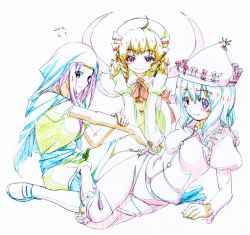 Rule 34 | 3girls, ahoge, blonde hair, blue hair, blush, bow, bowtie, character request, closed mouth, colored pencil (medium), dated, drill hair, graphite (medium), happy, hat, head scarf, juliet sleeves, long hair, long sleeves, looking at viewer, luna child, makicha (sasurainopink), merlin prismriver, multiple girls, pink hair, pink hat, puffy short sleeves, puffy sleeves, purple hair, reclining, red neckwear, sash, shoes, short sleeves, simple background, sitting, smile, socks, touhou, traditional media, vest, white background, white legwear