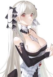 Rule 34 | 1girl, absurdres, azur lane, bad id, bad pixiv id, bare shoulders, between breasts, black bow, black dress, black nails, blunt bangs, bow, breasts, cleavage, closed mouth, collarbone, detached collar, detached sleeves, dress, formidable (azur lane), frilled dress, frills, hair bow, hatachi8p, highres, large breasts, long hair, long sleeves, looking at viewer, nail polish, own hands together, red eyes, silver hair, simple background, solo, twintails, underbust, upper body, very long hair, white background