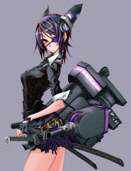 Rule 34 | 10s, 1girl, bad id, bad pixiv id, black gloves, blush, breasts, eyepatch, fingerless gloves, gloves, headgear, kantai collection, katana, looking at viewer, nayutarou (nyt kag), purple background, purple hair, sheath, sheathed, short hair, simple background, skirt, sleeves rolled up, solo, sword, tenryuu (kancolle), turret, weapon, yellow eyes