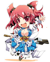 Rule 34 | 1girl, :d, blush stickers, breasts, chibi, cleavage, clog sandals, dress, female focus, full body, geta, hair bobbles, hair ornament, ichirino minagi, large breasts, okobo, onozuka komachi, open mouth, platform footwear, red eyes, red hair, sandals, scythe, short hair, simple background, smile, solo, touhou, twintails, two side up, waving, white background