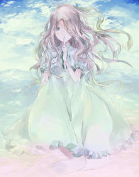 Rule 34 | 10s, 1girl, blonde hair, blue eyes, cloud, colored eyelashes, covering own mouth, dress, finger to mouth, floating hair, frilled dress, frilled sleeves, frills, hair over one eye, highres, index finger raised, long hair, looking at viewer, marnie (omoide no marnie), omoide no marnie, pale color, puffy short sleeves, puffy sleeves, punitama, short sleeves, sitting, sky, solo, tears, very long hair, wavy hair, white dress, wind