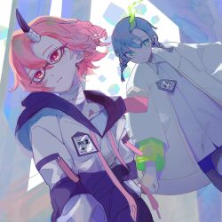 Rule 34 | 2girls, bandaid, bandaid on neck, blue hair, braid, closed mouth, copyright request, glasses, green eyes, highres, hood, hood down, horns, id card, jacket, medium hair, multiple girls, open clothes, open jacket, pink hair, red eyes, single horn, sion001250, twin braids, white jacket