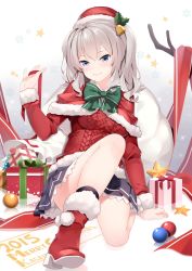 Rule 34 | 10s, 1girl, aran sweater, bell, blue eyes, blush, breasts, cable knit, capelet, ello, full body, gloves, hair bell, hair ornament, hat, highres, kantai collection, kashima (kancolle), looking at viewer, santa costume, silver hair, skirt, smile, solo, sweater, tsurime, twintails