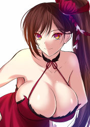 Rule 34 | 1girl, akeyama kitsune, azur lane, bare shoulders, breasts, brown eyes, brown hair, cleavage, closed mouth, dress, hair ornament, hands on own hips, large breasts, leaning forward, long hair, looking at viewer, no bra, red dress, side ponytail, simple background, smile, solo, standing, white background, zuikaku (azur lane)