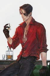 Rule 34 | 1boy, alcohol, black gloves, black hair, black pants, blouse, cup, desk, drinking glass, eyepatch, facial hair, formal, gloves, goatee, highres, irezumi, jewelry, jiao mao, leaning on object, majima goro, male focus, mature male, necklace, one-eyed, open clothes, open shirt, pants, red shirt, ryuu ga gotoku (series), ryuu ga gotoku 4, shirt, short hair, shot glass, sleeves rolled up, tattoo, unbuttoned, untucked shirt, whiskey, white background, yakuza