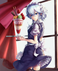 Rule 34 | 1girl, apron, asllapistone, blue eyes, blue skirt, blue vest, braid, commentary, curtains, day, expressionless, food, from behind, fruit, hair between eyes, highres, holding, holding tray, ice cream, indoors, izayoi sakuya, kiwi (fruit), light particles, looking at viewer, looking back, maid headdress, orange (fruit), orange slice, parfait, petticoat, pocky, short hair, skirt, solo, standing, strawberry, touhou, tray, twin braids, vest, waist apron, wind, wind lift, window
