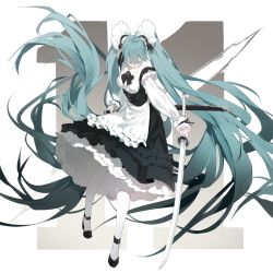Rule 34 | 1girl, absurdly long hair, black footwear, black skirt, breasts, center frills, closed mouth, collared shirt, closed eyes, facing viewer, final fantasy, final fantasy xiv, frills, full body, green hair, hatsune miku, holding, holding sword, holding weapon, katana, long hair, long sleeves, medium breasts, nine (liuyuhao1992), pantyhose, puffy long sleeves, puffy sleeves, revision, shirt, shoes, skirt, sleeves past wrists, solo, sword, twintails, underbust, very long hair, vocaloid, weapon, white background, white pantyhose, white shirt