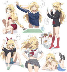 Rule 34 | 1girl, ass, bad id, bad twitter id, black shirt, blonde hair, blouse, bra, braid, breasts, cutting hair, cutting own hair, fate/apocrypha, fate (series), french braid, green eyes, hair down, hands on own hips, highres, kneehighs, long hair, looking at viewer, mordred (fate), mordred (fate/apocrypha), multiple views, no pants, nude, panties, parted bangs, ponytail, red bra, red panties, shirt, sidelocks, small breasts, socks, speech bubble, sports bra, sports panties, striped clothes, striped panties, sweater, tonee, translation request, underwear, white panties