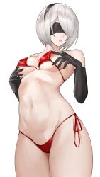 Rule 34 | 1girl, bare shoulders, bikini, black gloves, black hairband, blindfold, breasts, collarbone, commentary request, elbow gloves, gloves, hairband, highres, kurone rinka, lips, medium breasts, mole, mole under mouth, navel, nier:automata, nier (series), parted lips, red bikini, short hair, side-tie bikini bottom, simple background, solo, stomach, swimsuit, thighs, white background, white hair, 2b (nier:automata)