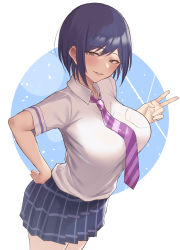 Rule 34 | 1girl, absurdres, blue hair, breast pocket, breasts, collared shirt, contrapposto, diagonal-striped clothes, diagonal-striped necktie, hand on own hip, highres, large breasts, leaning forward, looking at viewer, miniskirt, mole, mole under eye, necktie, nijisanji, plaid, plaid skirt, pleated skirt, pocket, purple necktie, school uniform, shirt, shizuka rin, short hair, short sleeves, skirt, skysign ft, smile, solo, striped clothes, v, virtual youtuber, white shirt