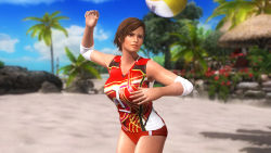 Rule 34 | 1girl, 3d, ball, beach, beach volleyball, dark-skinned female, dark skin, dead or alive, dead or alive 5, elbow pads, female focus, lisa hamilton, nature, official art, outdoors, plant, playing sports, shirt, short hair, short shorts, shorts, sky, solo, uniform, volleyball, volleyball (object)