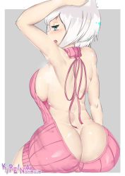 Rule 34 | 1girl, absurdres, animal ears, ass, bad id, bad pixiv id, breasts, butt crack, cat ears, highres, large breasts, md5 mismatch, meme attire, original, solo, virgin killer sweater, waifu lab