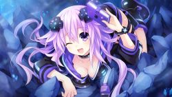 Rule 34 | 10s, 1girl, ;d, adult neptune, blush, book, boots, bracelet, breasts, choker, cleavage, d-pad, eyebrows, game cg, hair ornament, highres, holding, holding book, hood, hooded track jacket, jacket, jewelry, long hair, looking at viewer, lying, medium breasts, neptune (neptunia), neptune (series), official art, on stomach, one eye closed, open collar, open mouth, purple eyes, purple hair, shin jigen game neptune vii, sidelocks, smile, solo, track jacket, tsunako