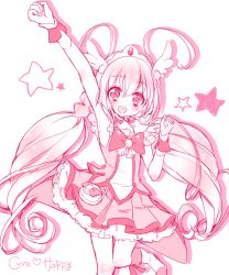 Rule 34 | 10s, 1girl, :d, antenna hair, arm up, armpits, boots, bow, brooch, character name, choker, cowboy shot, cure happy, hoshizora miyuki, jewelry, knee boots, long hair, looking at viewer, magical girl, monochrome, open mouth, pink theme, precure, skirt, smile, smile precure!, solo, standing, standing on one leg, twintails, uzuki aki, white background, wrist cuffs