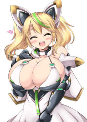 Rule 34 | 1girl, :d, bare shoulders, black gloves, blonde hair, blush, breasts, cleavage, elbow gloves, closed eyes, gene (pso2), gloves, heart, highres, huge breasts, kurokaze no sora, long hair, open mouth, phantasy star, phantasy star online 2, round teeth, simple background, smile, solo, teeth, twintails, white background