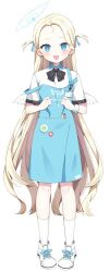 Rule 34 | 1girl, :d, apron, black bow, black bowtie, blonde hair, blue apron, blue archive, blue halo, blue ribbon, bow, bowtie, full body, hair ribbon, halo, highres, long hair, looking at viewer, murase48, open mouth, ribbon, shirt, shoes, short sleeves, smile, socks, solo, sora (blue archive), striped bow, striped bowtie, striped clothes, two side up, very long hair, white footwear, white shirt, white socks, white wings, wings