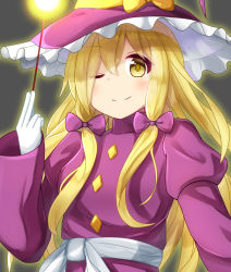 Rule 34 | absurdres, blonde hair, bow, breasts, buttons, closed mouth, commentary request, dress, eyes visible through hair, frilled hat, frills, grey background, hair bow, hat, highres, juliet sleeves, kirisame marisa, kirisame marisa (pc-98), long hair, long sleeves, one eye closed, puffy sleeves, purple bow, purple dress, purple hat, sash, sidelocks, simple background, sleeves past wrists, small breasts, smile, touhou, touhou (pc-98), very long hair, wand, white sash, wide sleeves, witch hat, yellow eyes, yuzha4328