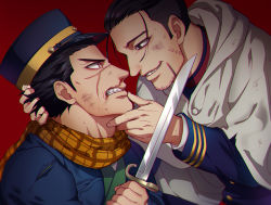 Rule 34 | 2boys, black eyes, black hair, blood, dagger, dirty, dirty face, eye contact, face-to-face, foxvulpine, from side, golden kamuy, hair slicked back, hair strand, hand on another&#039;s face, hand on another&#039;s head, holding, holding dagger, holding knife, holding weapon, jacket, knife, looking at another, male focus, multiple boys, nosebleed, ogata hyakunosuke, simple background, smile, sugimoto saichi, teeth, torn clothes, torn jacket, undercut, upper body, weapon