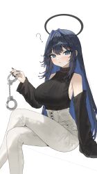 Rule 34 | 1girl, ?, absurdres, alternate color, arch 05x, bare shoulders, black hair, black nails, black sweater, blue eyes, blue hair, blush, breasts, chain, closed mouth, colored inner hair, crossed legs, cuffs, dark blue hair, detached sleeves, hair between eyes, hair intakes, halo, handcuffs, high-waist pants, highres, hololive, hololive english, jewelry, large breasts, long hair, looking at viewer, multicolored hair, official alternate costume, ouro kronii, pants, ring, shirt tucked in, sideboob, simple background, sitting, sleeveless, sleeveless turtleneck, solo, sweater, turtleneck, turtleneck sweater, virtual youtuber, white background, white pants