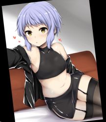 Rule 34 | 1girl, bare shoulders, black jacket, black shirt, black skirt, black thighhighs, blush, commentary request, crop top, garter straps, heart, idolmaster, idolmaster million live!, jacket, lockheart, looking at viewer, makabe mizuki, midriff, navel, off shoulder, open clothes, open jacket, parted lips, pencil skirt, purple hair, reaching, reaching towards viewer, selfie, shirt, sidelocks, skirt, solo, thighhighs, yellow eyes