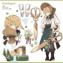 Rule 34 | 1boy, animal ears, black footwear, black pants, blonde hair, boots, bouquet, bush, closed mouth, clover, collared shirt, cropped torso, crumpet (sugar bunny recipe), crying, crying with eyes open, flower, flying sweatdrops, four-leaf clover, full body, gloves, green eyes, hair between eyes, hat, highres, holding, holding clothes, holding hat, holding scissors, korean text, leaf, long sleeves, looking at viewer, lop rabbit ears, male focus, meremero, multiple views, pants, rabbit boy, rabbit ears, rabbit tail, red ribbon, ribbon, scissors, shirt, short hair, simple background, standing, sugar bunny recipe, tail, tears, translation request, tree, white background, white gloves, white shirt