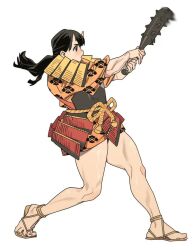 Rule 34 | 1girl, armor, black eyes, black hair, club, club (weapon), commentary request, dungeon meshi, full body, holding, holding weapon, horns, inutade, japanese armor, japanese clothes, ju neng binggui, kanabou, kimono, long hair, long sleeves, looking to the side, muscular, muscular female, oni, open mouth, orange kimono, pointy ears, sandals, shoulder armor, simple background, skin-covered horns, sode, solo, standing, weapon, white background